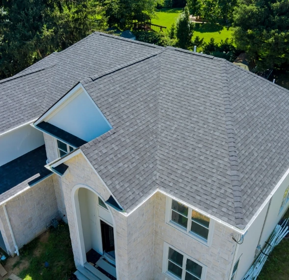 arial view of a roof- home with heigh ceilings
